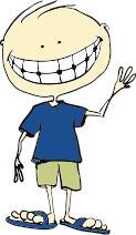 Animated young boy with braces smiling and waving